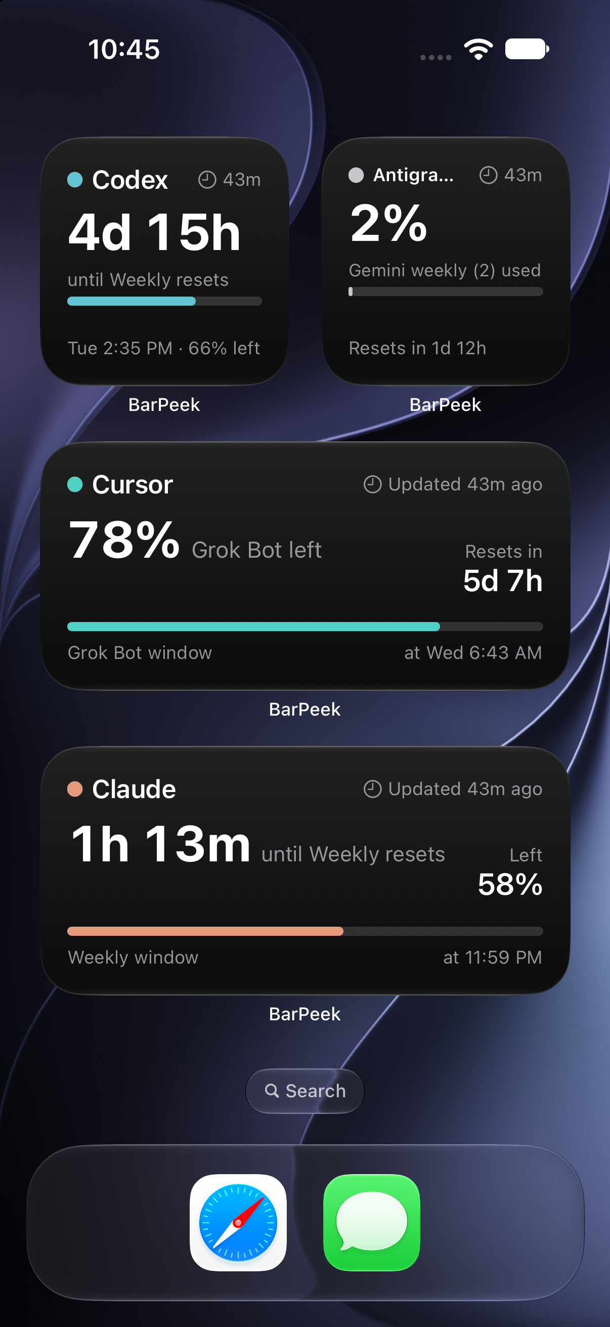 BarPeek 1.1 Home Screen widgets showing Codex reset time, Antigravity usage, Cursor Grok Bot remaining quota, and Claude reset time, with data-age indicators.
